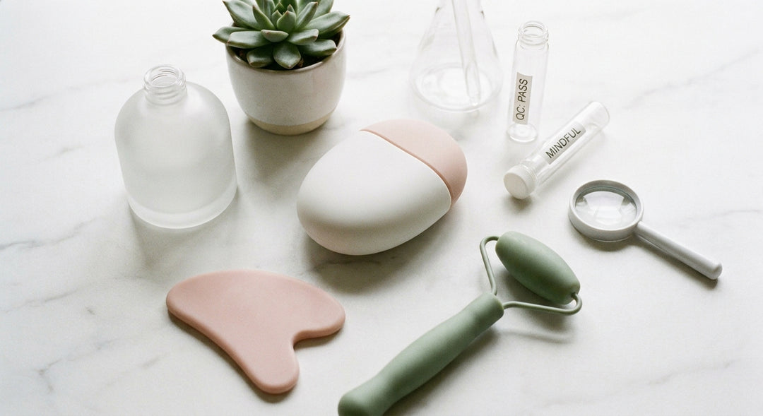 A clean editorial flat-lay of smooth minimalist forms, glass vials, and a magnifying loupe arranged on white marble in soft blush, sage, and white tones, evoking material quality and wellness-focused consumer awareness.