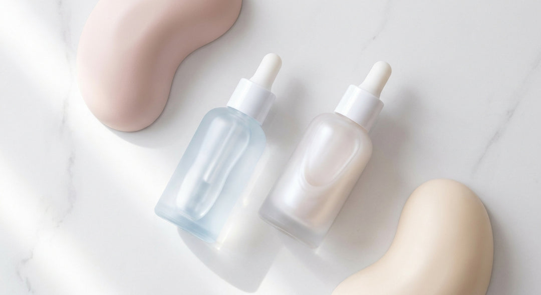 Two elegant frosted glass bottles containing different lubricant types arranged beside smooth abstract sculptural forms on a white marble surface in soft natural light.