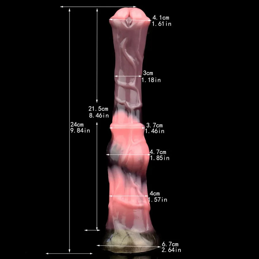 Xinghaoya 10-inch pure silicone horse dildo with detailed measurements on a black background.