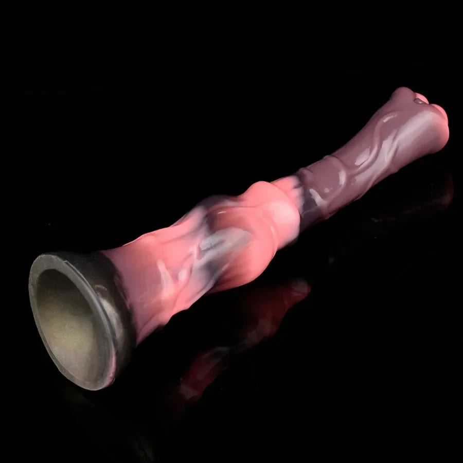Pink and purple silicone horse dildo by Xinghaoya on a black reflective surface