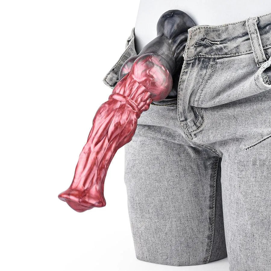 Xinghaoya 10 inch realistic horse dildo protruding from gray denim jeans