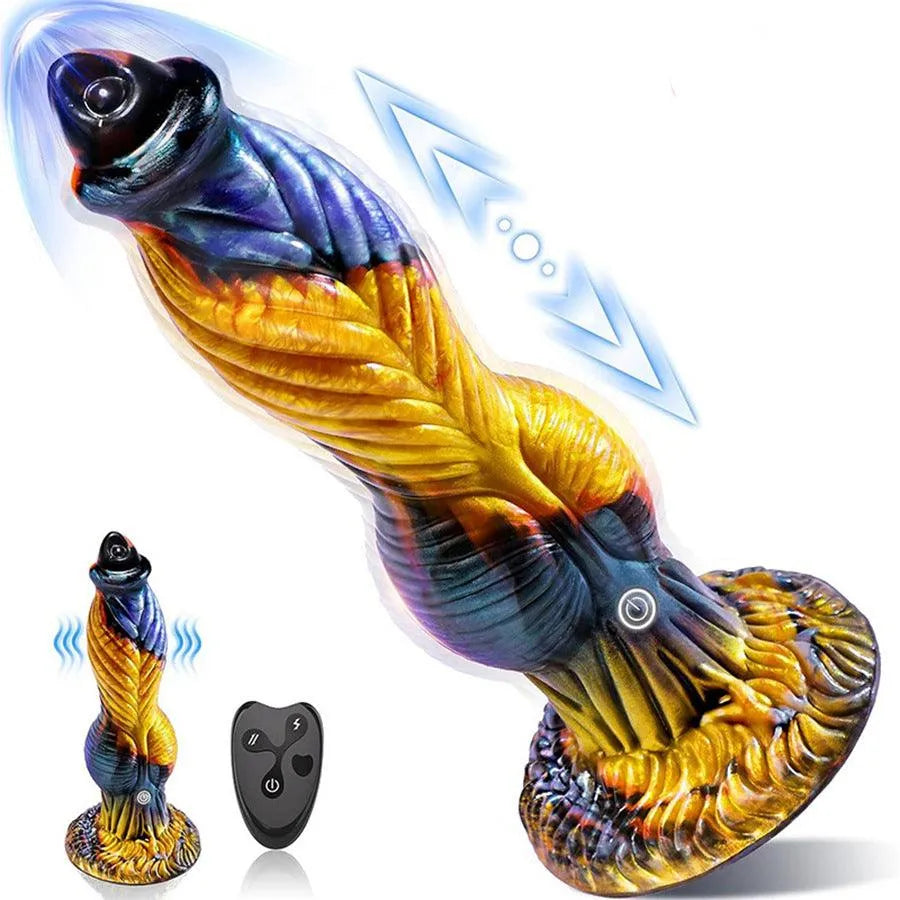 Entdecken Sie den 10 Inches Remote Thrusting Knotted Dildo Vibrator für unvergleichliches Vergnügen mit sicherem Silikon.
