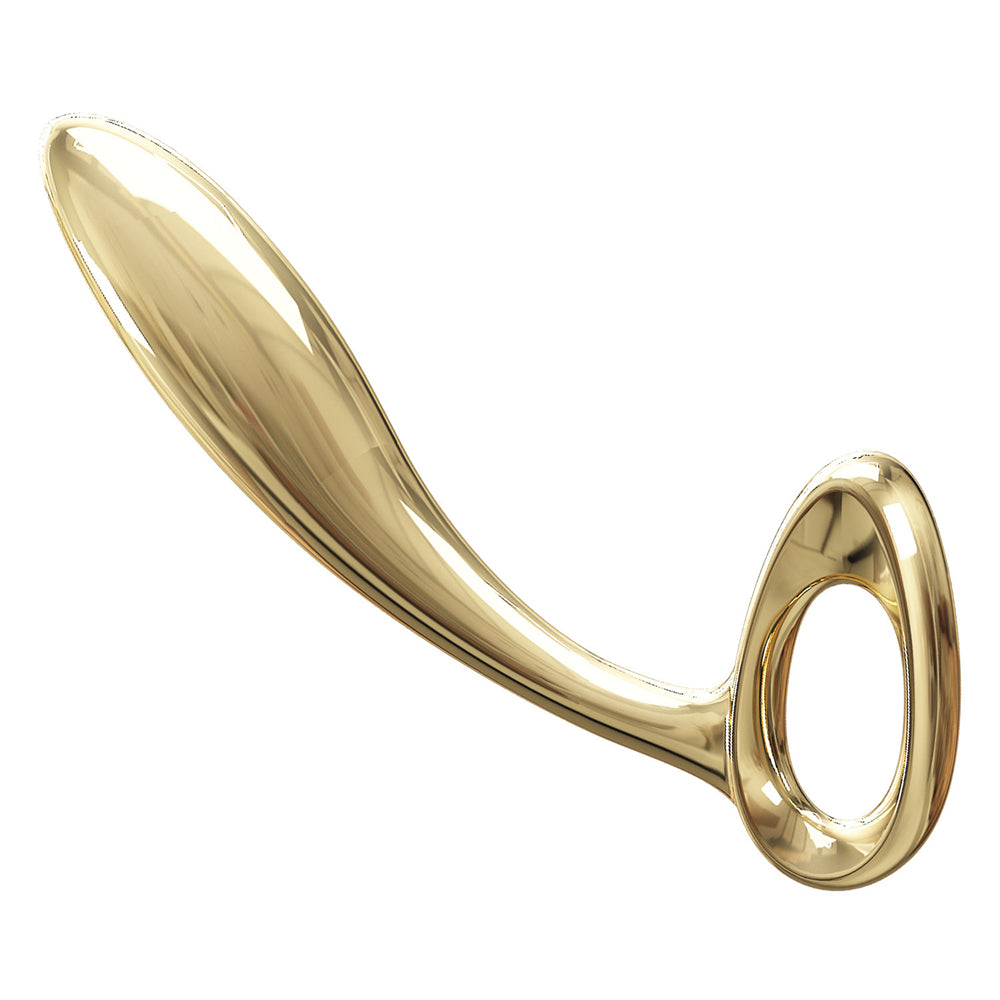 Gold-toned Xinghaoya metal butt plug with a sleek, polished finish and circular base.